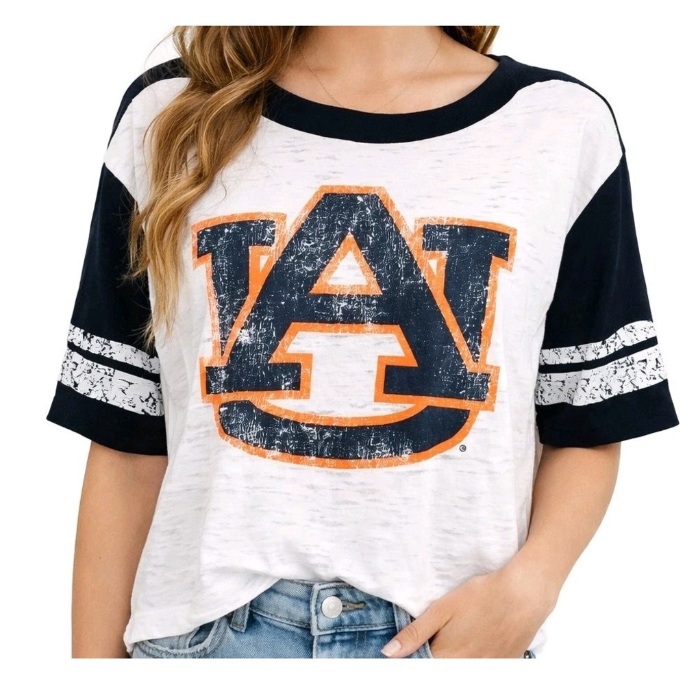Auburn Tigers Burnout Tee Navy/White Women's Small Cropped Logo 3/4 Sleeve Comfy